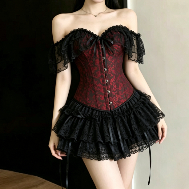 Set Korset Renda Gothic Gelap  - Layered Necklace Set ulasan dan harga